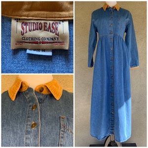 “Studio Ease” Denim Dress Corduroy Collar Modest